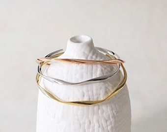 Thin Wave Bangle Bracelet • Asymmetrical Curved Open Bangle • Stackable Thin Layering Bracelet