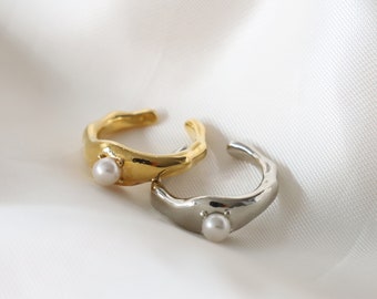 Asymmetrical Wave Pearl Open Ring • Irregular Wavy Ring • Pearl Band Ring • Minimalist Stacking Ring • UrChicoo