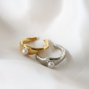 Asymmetrical Wave Pearl Open Ring • Irregular Wavy Ring • Pearl Band Ring • Minimalist Stacking Ring • UrChicoo