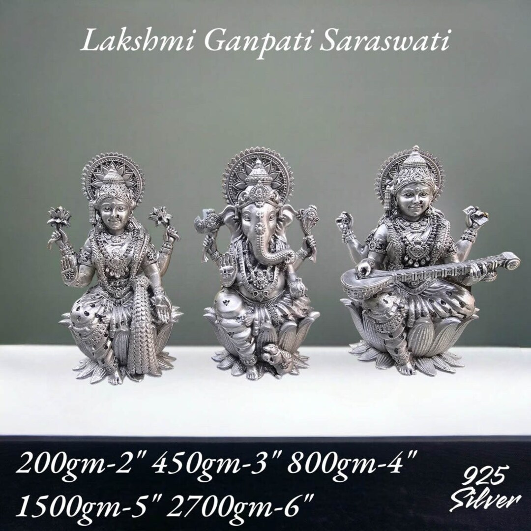 Buy Ganesh Laxmi Saraswati Idol in Pure 925 Silver / Ganpati Lakshmi