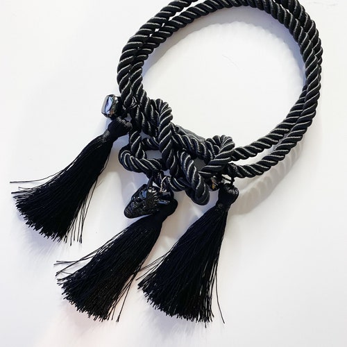 Oni Mask - Black with Black Tassels - VIP Rope Knot Charm - Good Luck Charm - JDM Car Charm