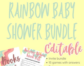 Digital Rainbow Baby Shower Games & Invitations Set - Instant Download Printable