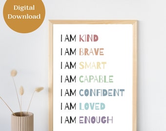 Affirmation Wall Art For Kids, Affirmation Wall Art Printable, I Am Enough, Kids Room Wall Art, Inspirational Nursery Decor, Kids Decor