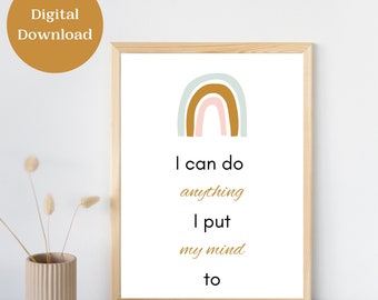 Puede incluir: Un diseño de arte de pared imprimible con un arcoíris en colores pastel y el texto "Puedo hacer cualquier cosa que me proponga".
