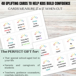 Puede incluir: 48 tarjetas de afirmaci&oacute;n dise&ntilde;adas para ayudar a los ni&ntilde;os a desarrollar su confianza en s&iacute; mismos. Las tarjetas est&aacute;n impresas en papel blanco con dise&ntilde;os coloridos de arco&iacute;ris y mensajes positivos. Las tarjetas miden 7,6 cm por 7,6 cm cuando se recortan. Las tarjetas son perfectas para que los maestros, los padres y los cuidadores las usen con los ni&ntilde;os.