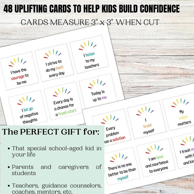 Puede incluir: 48 tarjetas de afirmaci&oacute;n dise&ntilde;adas para ayudar a los ni&ntilde;os a desarrollar su confianza en s&iacute; mismos. Las tarjetas est&aacute;n impresas en papel blanco con dise&ntilde;os coloridos de arco&iacute;ris y mensajes positivos. Las tarjetas miden 7,6 cm por 7,6 cm cuando se recortan. Las tarjetas son perfectas para que los maestros, los padres y los cuidadores las usen con los ni&ntilde;os.