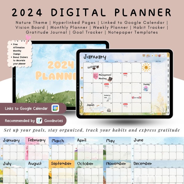 2024 Digital Planner: Hyperlinked pages, Links to Google Calendar Planner, Cute GoodNotes, Minimalist Planner, ipad Planner, Nature Theme