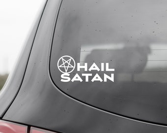 May include: A black car with a white sticker on the rear window that says "Hail Satan" with a pentagram symbol.