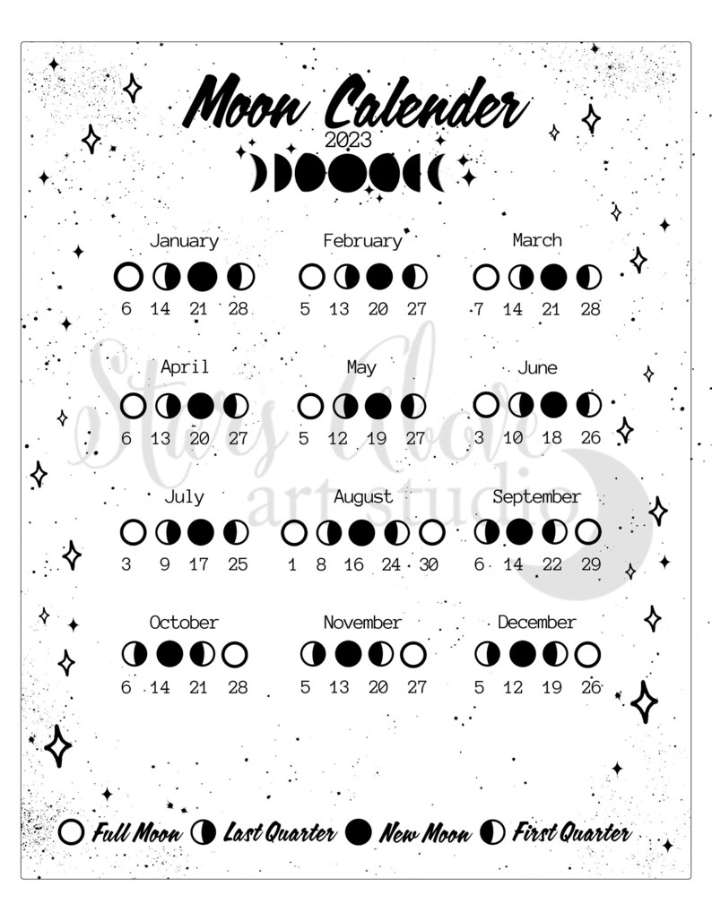 Moon Calendar 2023 Moon Phases Digital Print Etsy