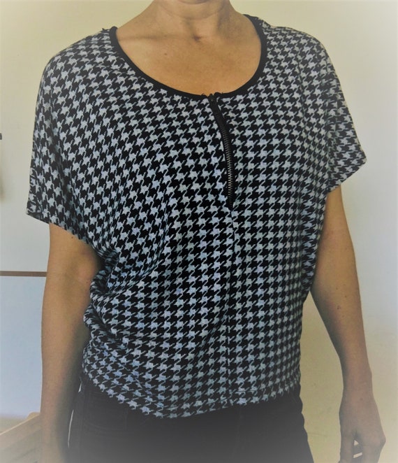Vintage Houndstooth Batwing Sleeve Casual Knit Top - image 1