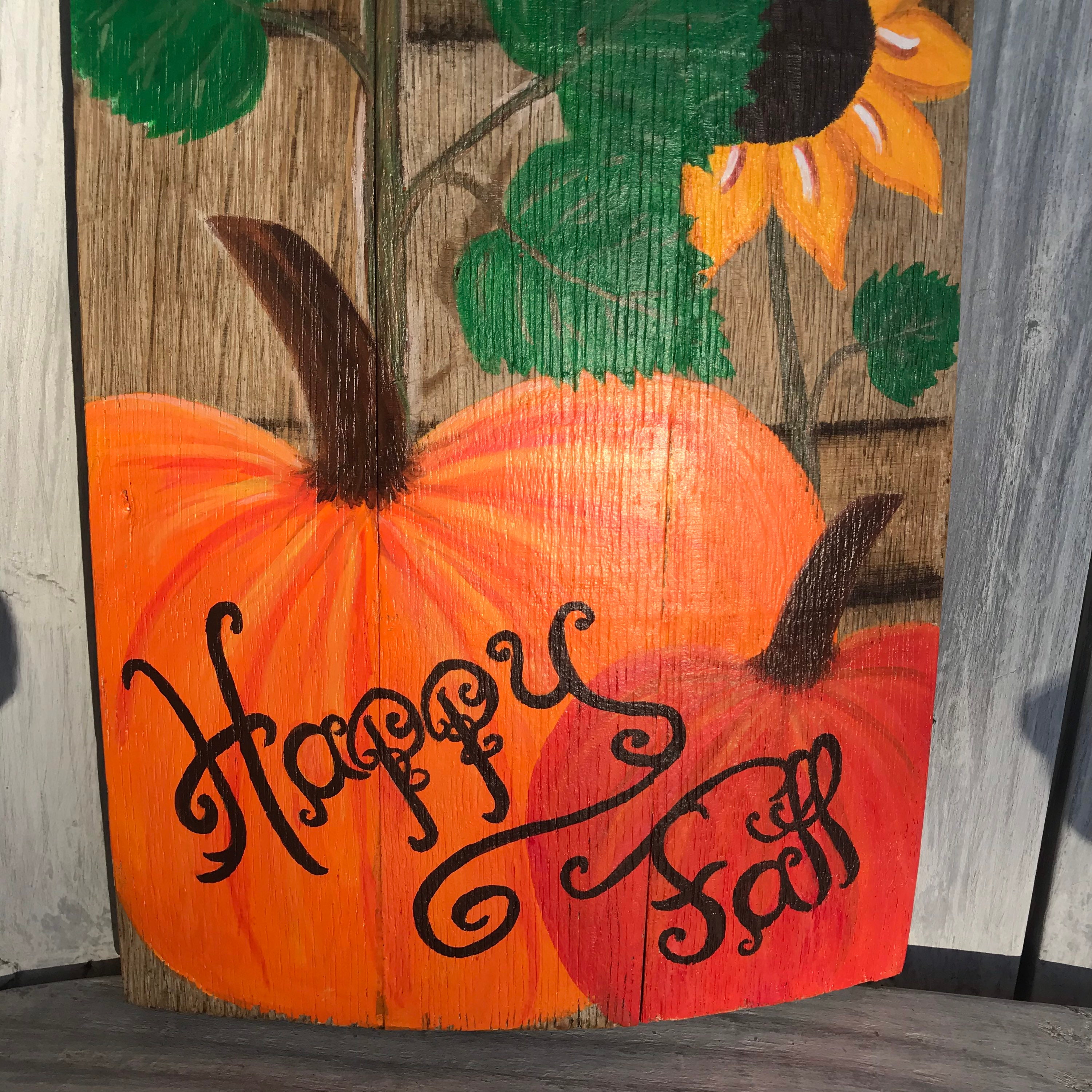 Happy Fall Sign With Pumpkins and Sunflowers on Wine Barrel | Etsy