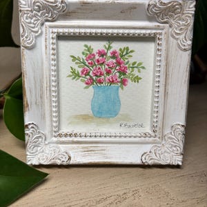 Watercolor Pink Floral Painting in White Frame - Small Hand painted Art