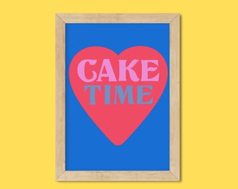 Cake Time and Heart Typography Print - Wall Poster - Kitchen wall- A3 A4 A5 posters- Heart with colourful print.