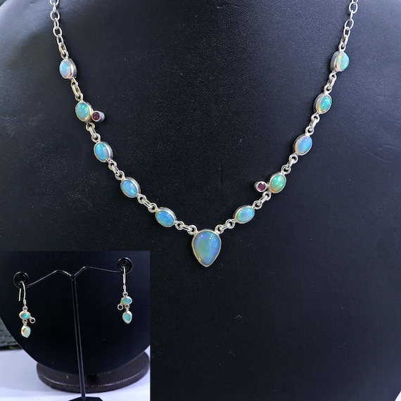 Ethiopian Opal Necklace Set 925 Sterling Silver Bezel Choker Dangle Earrings Set