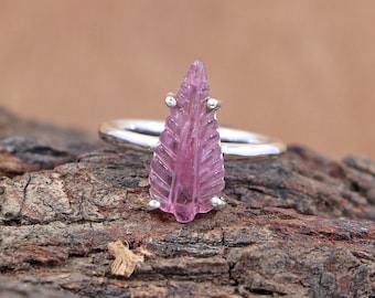Pink Leaf Carved Tourmaline Ring, 925 Sterling Silver Boho Jewelry
