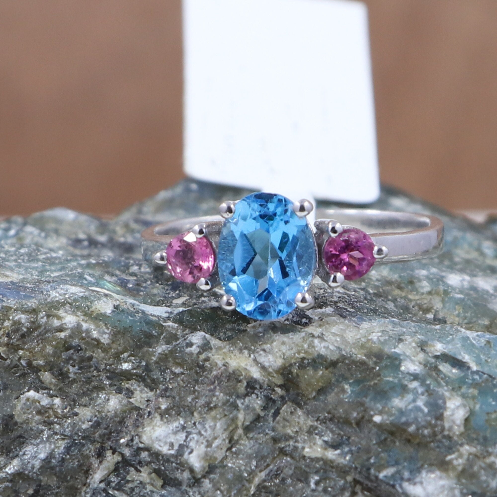Stunning Swiss Blue Topaz /pink Tourmaline Ring- 925