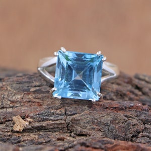 Blue Topaz Ring- 925 Sterling Silver Emerald Cut Blue Topaz Ring- 10 MM Square Halo Promise Ring-Wedding Ring- Engagement Ring- Gift For Her