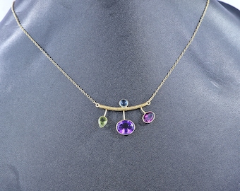 Multi Gemstone Necklace: Garnet, Amethyst, Topaz, Peridot, 925 Sterling Silver Gold Plated