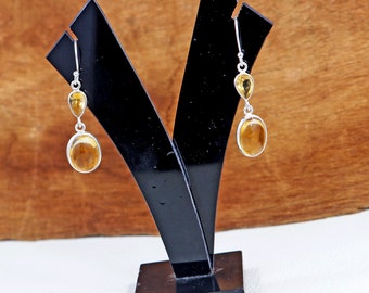 Citrine Drop Earrings: Oval Sterling Silver November Birthstone