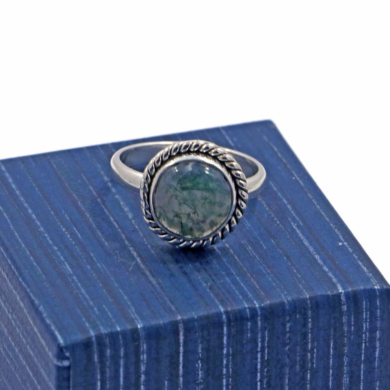グリーンモスアゲートリング：925スターリングシルバー、ハンドメイド