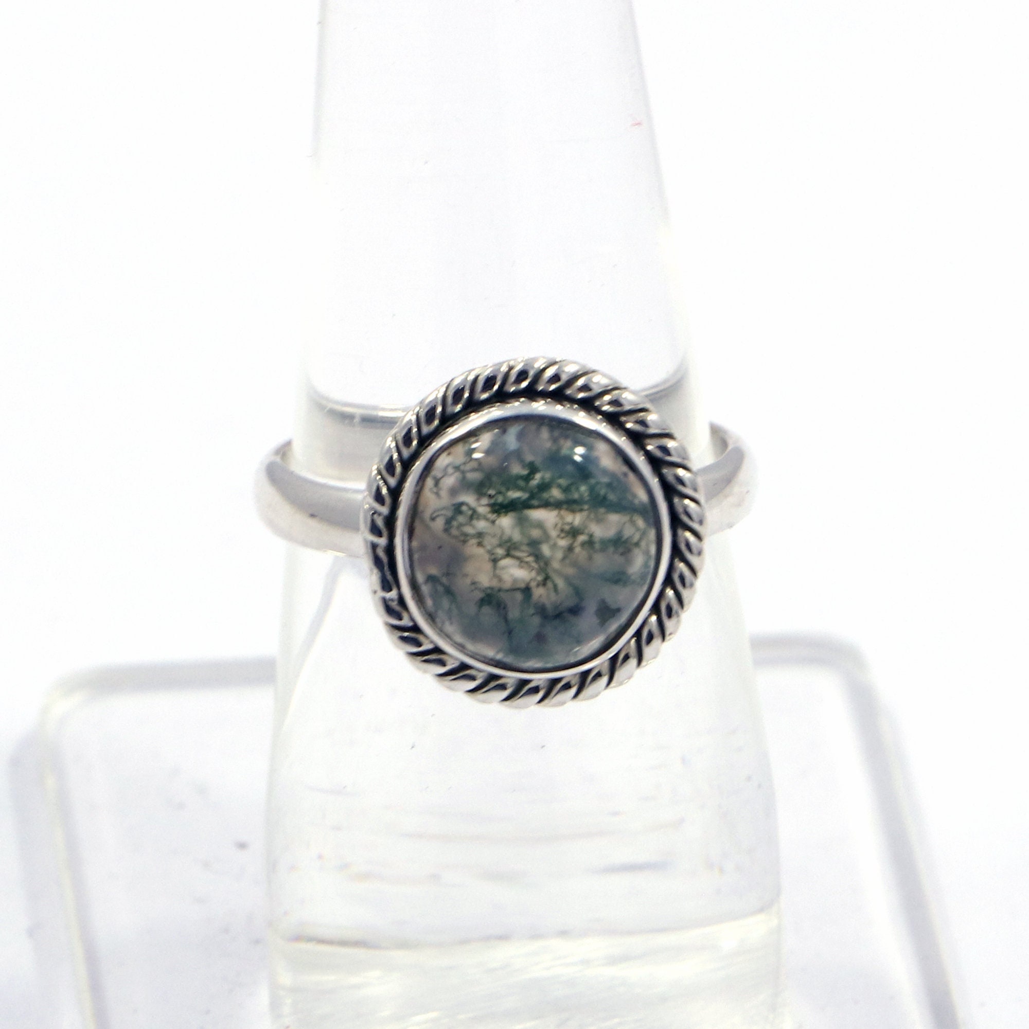 グリーンモスアゲートリング：925スターリングシルバー、ハンドメイド