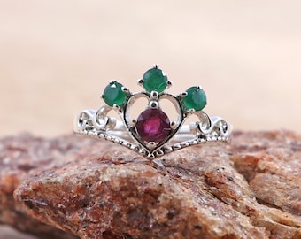 Express Love With Rubi and Emerald Ring* 925 Sterling Silver Ring Of Rubi-Emerald* Bague Rubi-Emerald en forme de couronne* Bague de mariage réglable