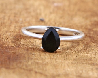 Perfect Combination Of Black & White In One Ring/ Black Onyx Ring Of 925 Sterling Silver/ 5*7 MM Pear Shape Black Onyx Ring For Special One