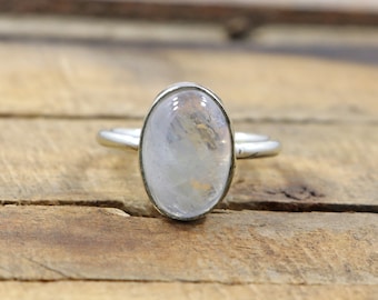 Oval Rainbow Moonstone Ring: Sterling Silver (9x13 MM)