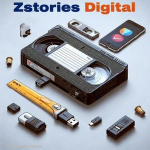 May include: An image featuring a VHS tape, a smartphone, and various USB drives. The text "Zstories Digital" is at the top. A yellow ruler-shaped USB drive is also present, along with other small tech accessories.