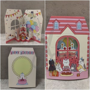 Modèle de couleur - Carte pop-up maison d'anniversaire de chat