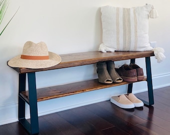 Entryway bench with distressed wood and steel legs, bench, shoe rack, Storage Bench, farmhouse decor, bench