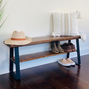 Entryway bench with distressed wood and steel legs, bench, shoe rack, Storage Bench, farmhouse decor, bench