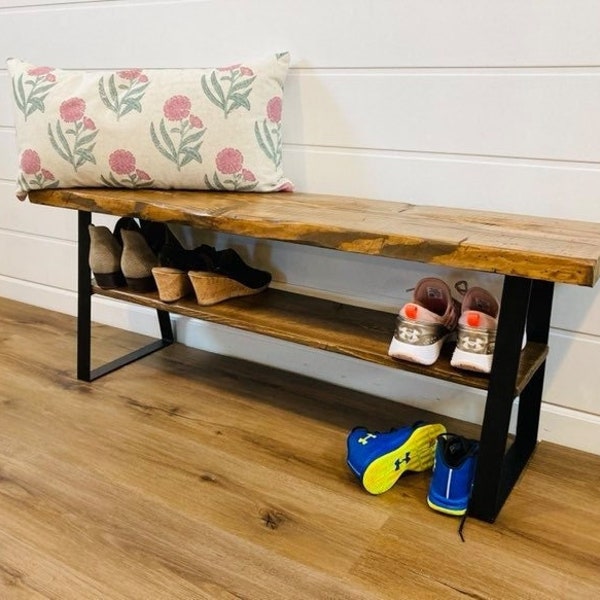 Farmhouse Entryway Bench with Steel Legs and Shelf, Entryway Bench, Shoe Rack, Storage Bench, Entryway Bench with shoe storage