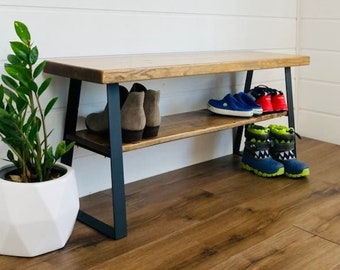 Farmhouse Entryway Bench with trapezoid and reclaimed wood, farmhouse decor, Rustic Farmhouse Bench