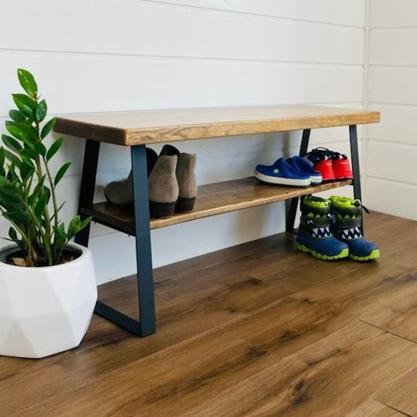 Farmhouse Entryway Bench with trapezoid and reclaimed wood, farmhouse decor, Rustic Farmhouse Bench