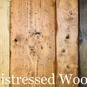 May include: Four wood planks showing different shades of distressed wood. The planks are arranged from light to dark, with the lightest plank being a pale yellow and the darkest plank being a dark brown. The text "Distressed Wood" is printed below the planks.