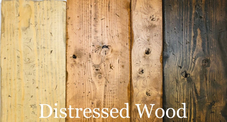May include: Four wood planks showing different shades of distressed wood. The planks are arranged from light to dark, with the lightest plank being a pale yellow and the darkest plank being a dark brown. The text "Distressed Wood" is printed below the planks.