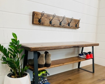 Handmade Coat Rack and Bench Reclaimed Wood Matching Set