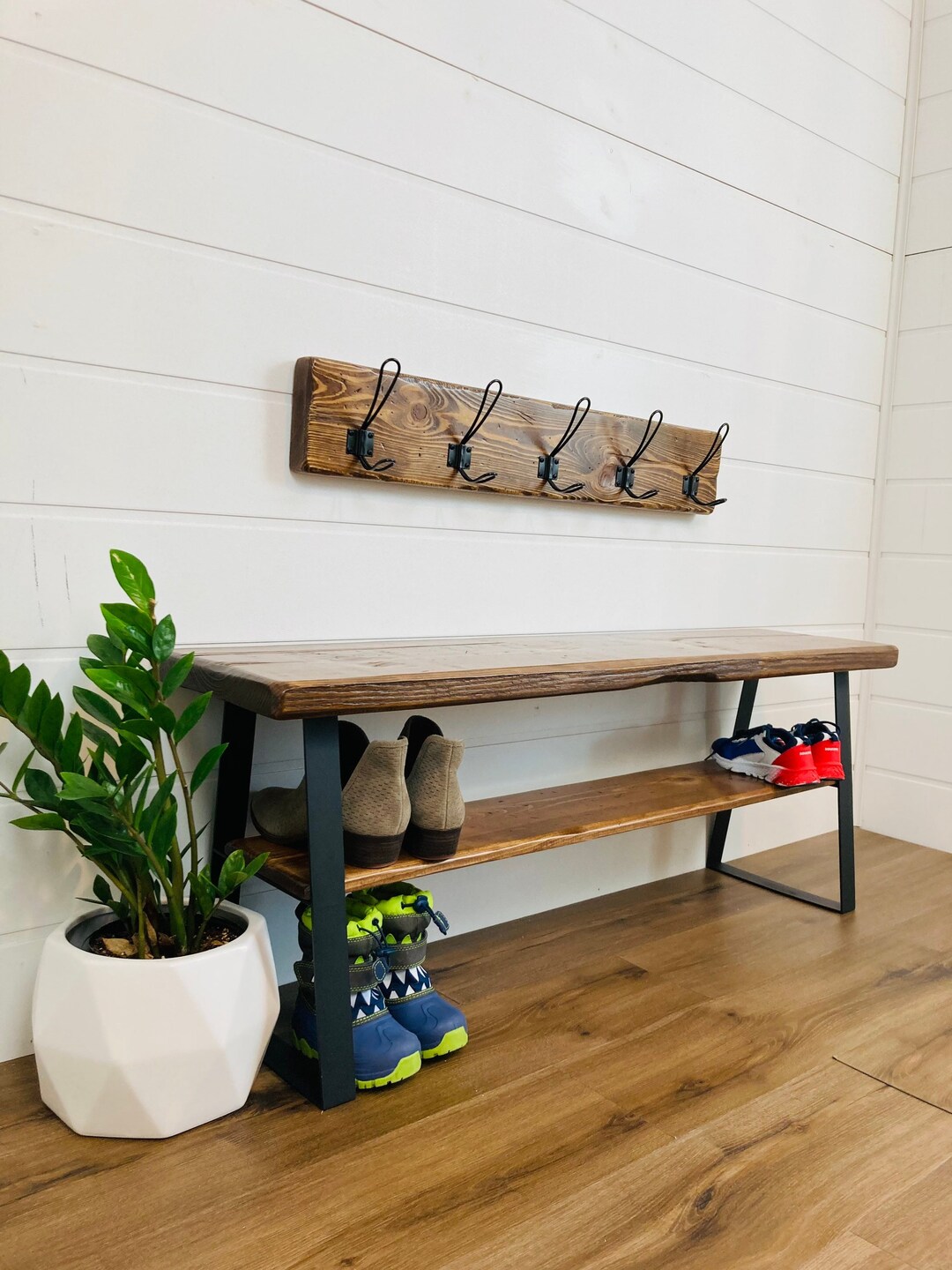 Coat Rack and Bench Distressed Wood Matching Set, Farmhouse Entryway