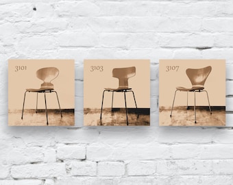 3 Prints Arne Jacobsen Chairs | full-surface UV direct pressure on PVC hard foam plate 19 mm | 3x each 27.5 x 27.5 cm complete with suspension set