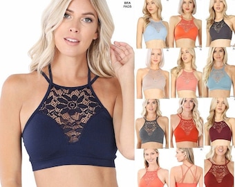 Womens Bralette Crop Top Halter High Neck Lace Cutout Seamless Running Yoga Bra