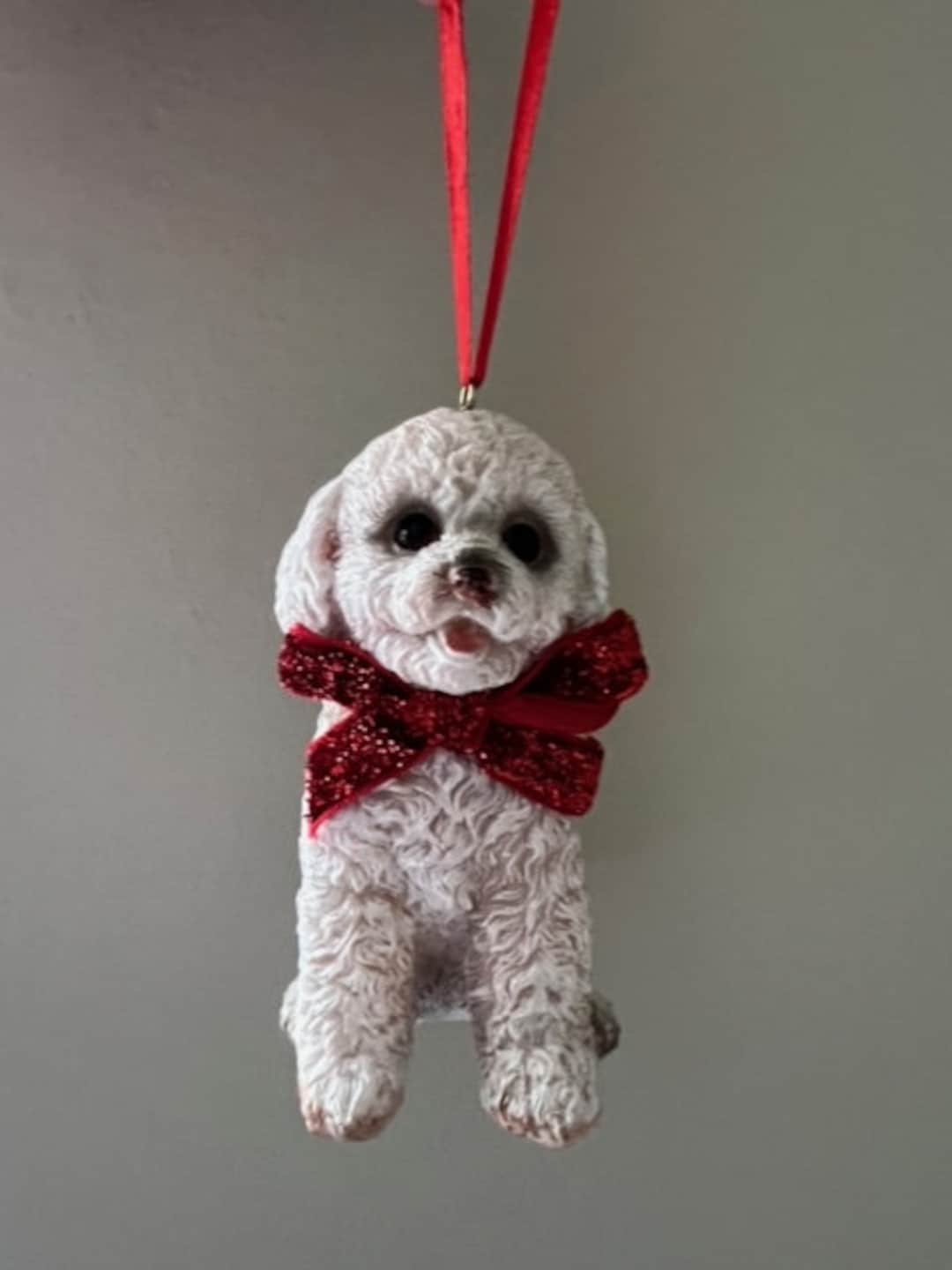 Poodle Maltipoo Dog Christmas Tree Ornament With Red Glitter Bow New Keepsake Tiered Tray Decor