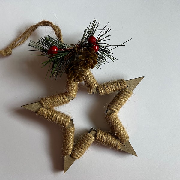 Jute Wrapped Star Christmas Tree Ornament with Faux Pine, Pinecones, and Red Berries at the Top XMAS Gift Idea Holiday Decoration Handmade