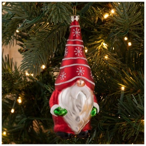 Red Gnome Hollow Glass Christmas Tree Ornament with Cheery Red Jacket, Bright Green Gloves, Red Hat with Snowflakes Details Great Gift Idea