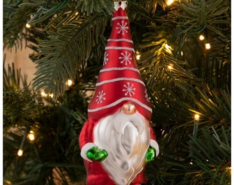 Red Gnome Hollow Glass Christmas Tree Ornament with Cheery Red Jacket, Bright Green Gloves, Red Hat with Snowflakes Details Great Gift Idea