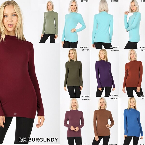 Women's Casual Cotton Long Sleeve Mock Neck Top Turtle Neck T Shirt Solid Stretch High Quality Jersey Top Grey Burgundy Purple Green S M L