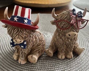 Highland Cow Figurine Farmhouse Patriotic 4th Of July Table Decor Set Gift Idea Independence Day Tiered Tray Decors