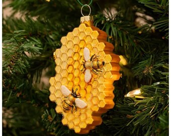 Honeycomb and Bees Glass Christmas Tree Ornament XMAS Gift Idea Super Cute Stocking Stuffers Honey Bee Lovers Gift