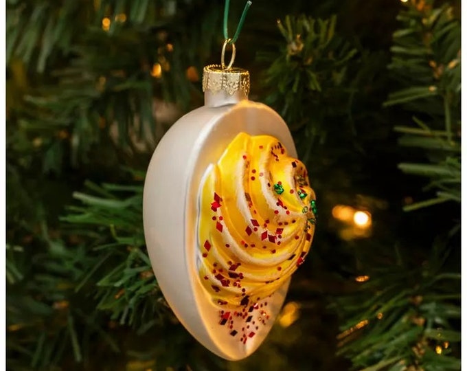 Adorable Blown Glass DEVILED Half EGG Christmas Tree Ornament Glitter Seasoning Details XMAS