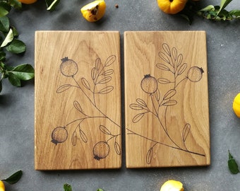 Handmade wooden cutting board set of 2 with engraved quince plant, Nature lovers minimalist couples gift, Unique wedding favour for parents